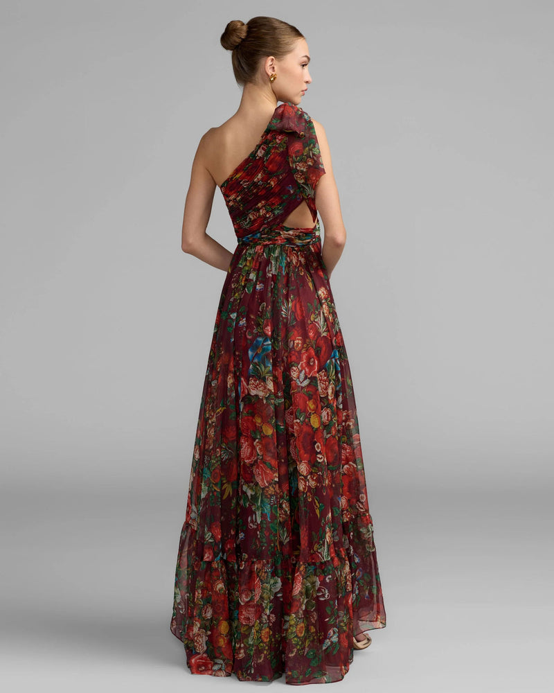 68553-Burgundy One Shoulder Floral Printed Chiffon Side Cut Out Gown polyester cocktail-and-party-dresses by Mac Duggal in multi-color for women in Singapore