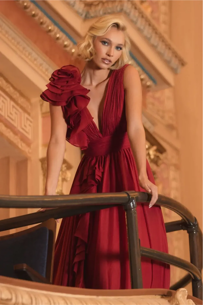 Burgundy Ruffle Shoulder V-Neck Chiffon Gown chiffon by Mac Duggal for women in Singapore
