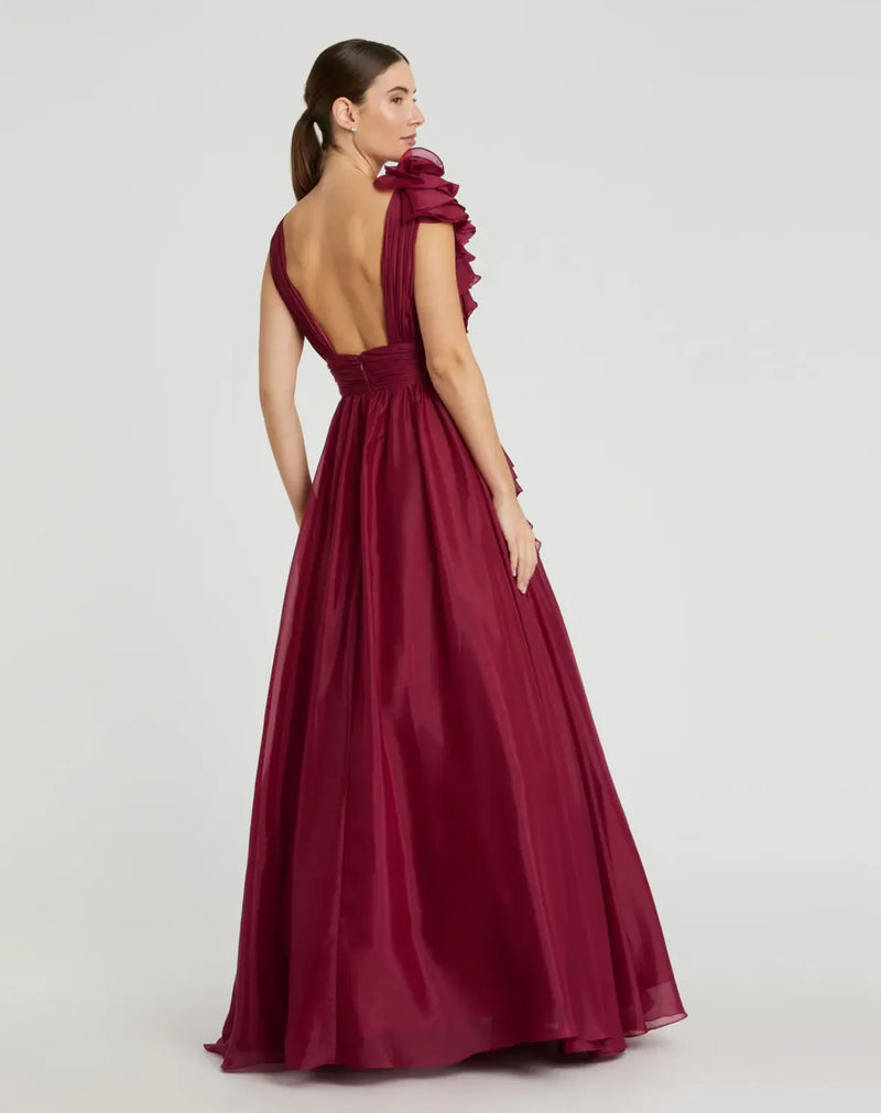 Burgundy Ruffle Shoulder V-Neck Chiffon Gown chiffon by Mac Duggal for women in Singapore