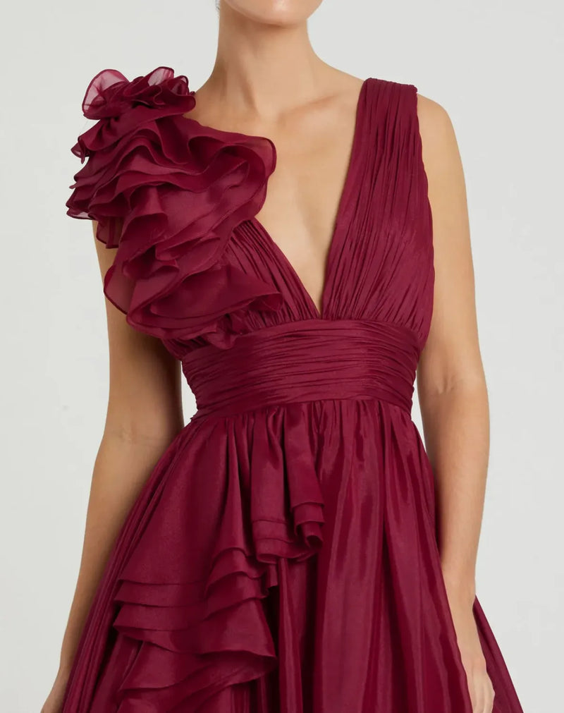Burgundy Ruffle Shoulder V-Neck Chiffon Gown chiffon by Mac Duggal for women in Singapore