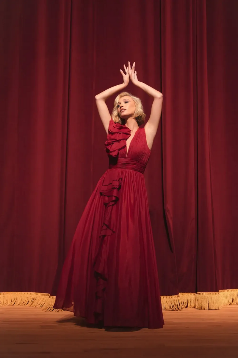 Burgundy Ruffle Shoulder V-Neck Chiffon Gown chiffon by Mac Duggal for women in Singapore