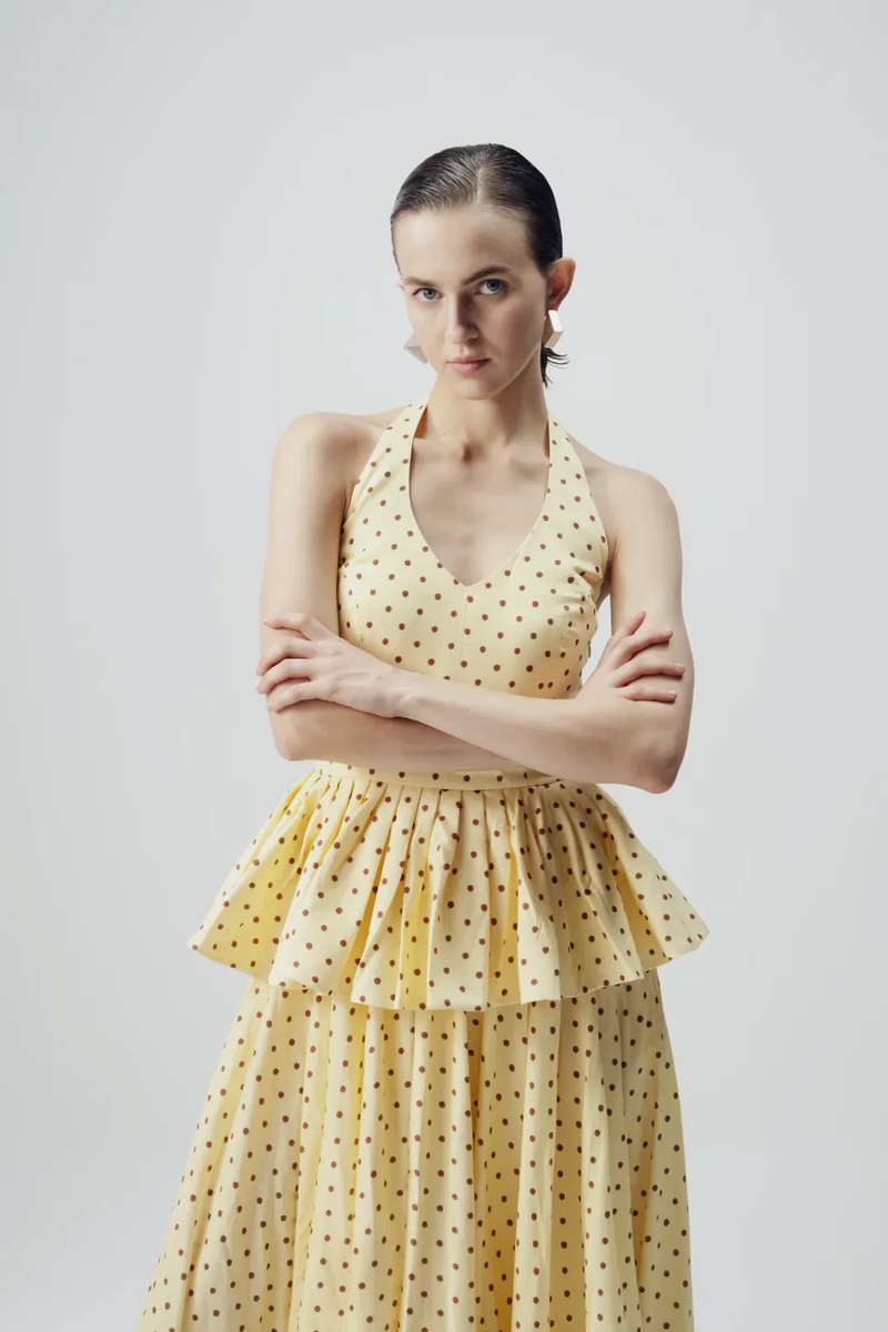 Butter Top And Skirt Set satin by YAM in yellow color for women in Singapore