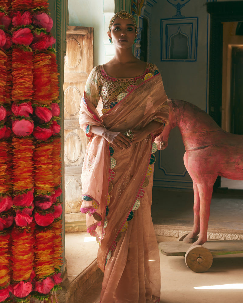 Khel Nude Pink Pearl Sprinkle Tissue Saree organza by Rajiramniq in pink color for women in Singapore