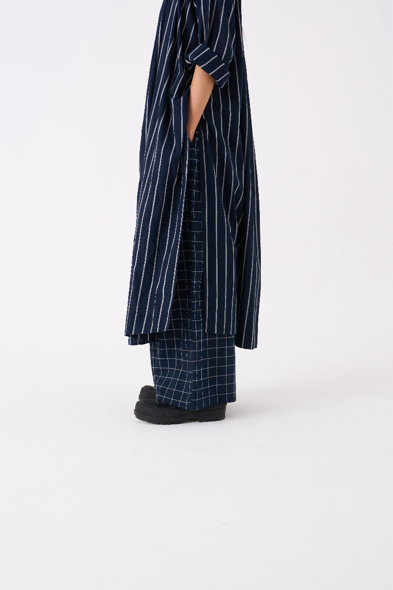 GATHER NECK SHIRT-BLACK STRIPE mul by THREE in black color for women in Singapore