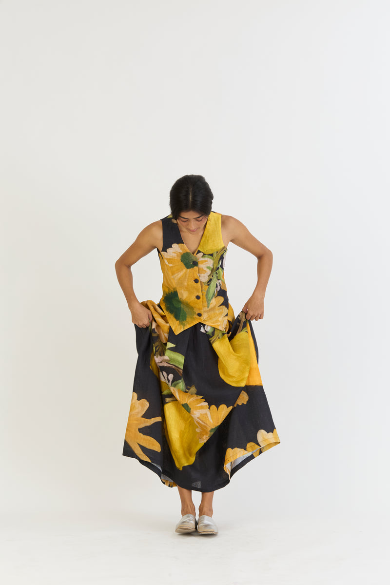 POMELLO WAISTCOAT AND BOX PLEAT SKIRT SET linen by Yam in yellow color for women in Singapore