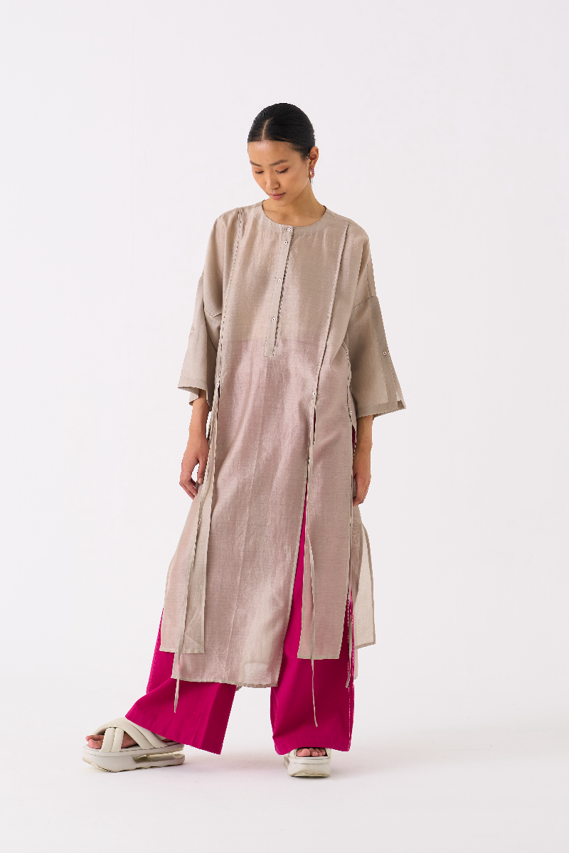 PANELLED TUNIC CO-ORD 
(SET OF 2)-ASH GREY & FUSCHIA chanderi by THREE in multi color for women in Singapore
