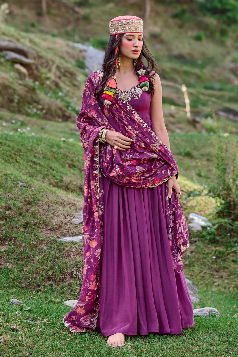 Carina Anarkali Set crepe by Paulmi & Harsh-kahan Sep'26 in purple for women in Singapore
