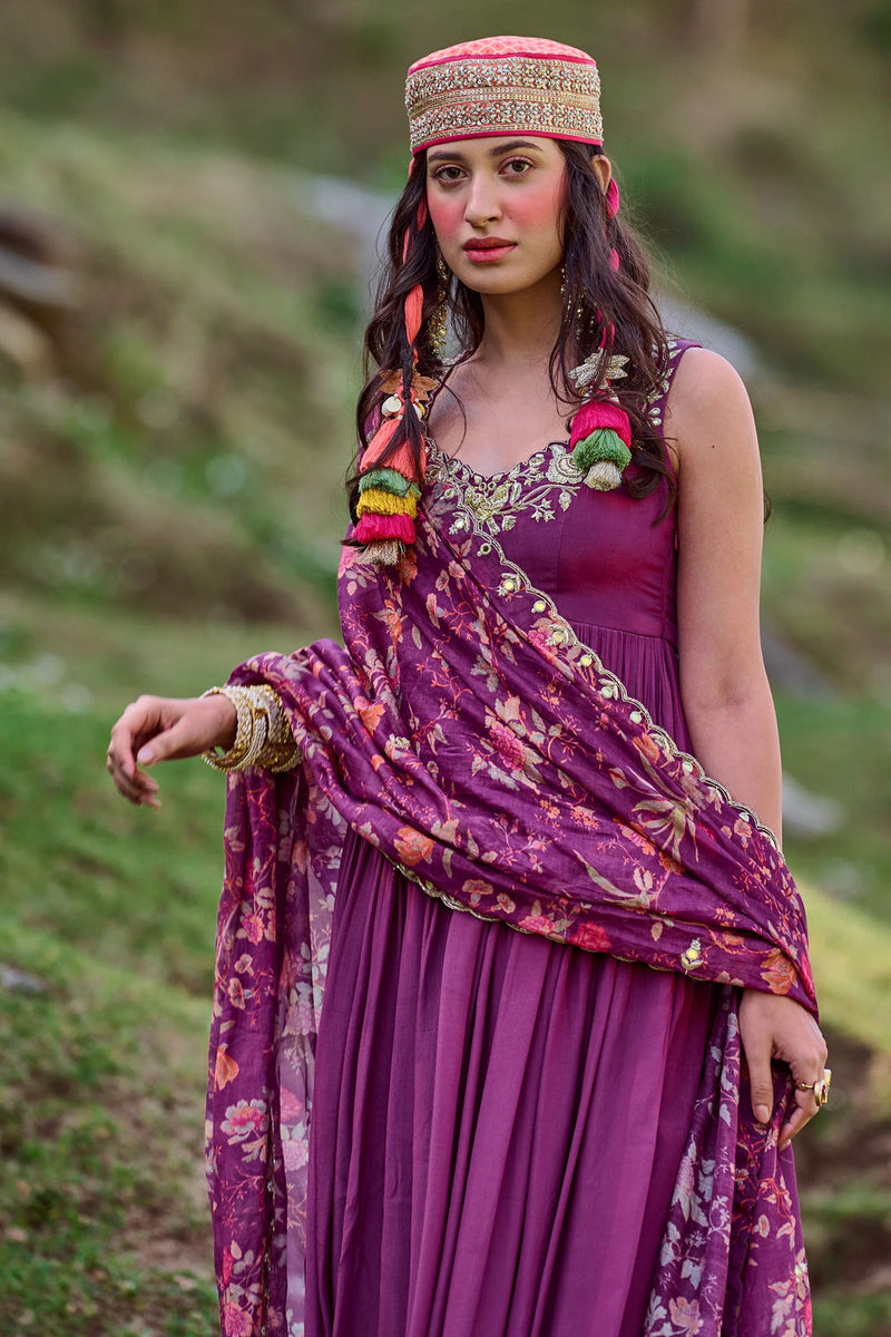 Carina Anarkali Set crepe by Paulmi & Harsh-kahan Sep'26 in purple for women in Singapore