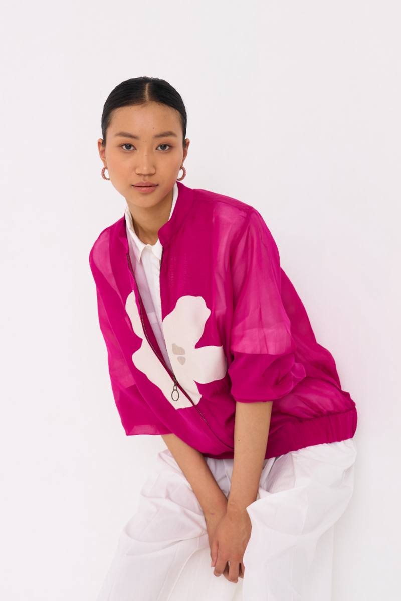 FLORAL APPLIQUE BOMBER JACKET-FUSCHIA organza by THREE for women in Singapore