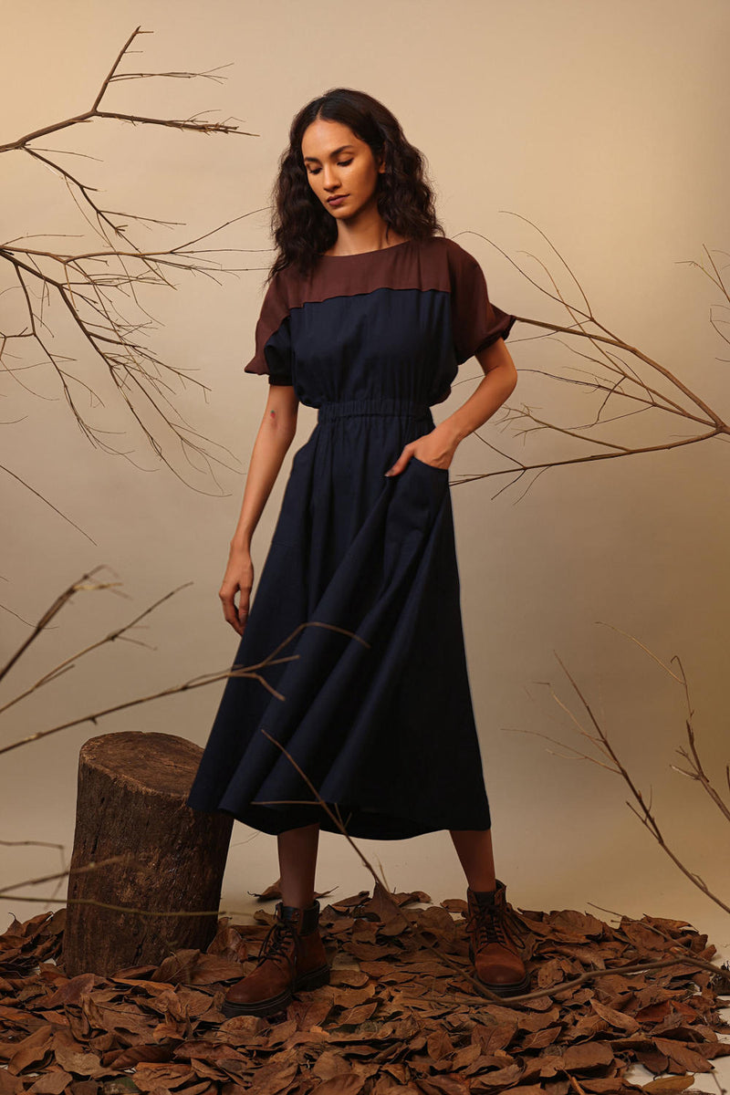CB Blue & Brown Sphara Dress 100% cotton by Mati in blue color for women in Singapore