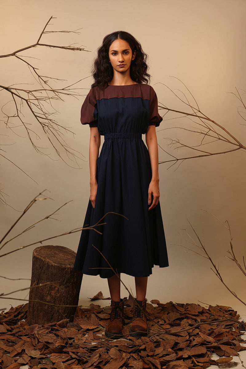 CB Blue & Brown Sphara Dress 100% cotton by Mati in blue color for women in Singapore