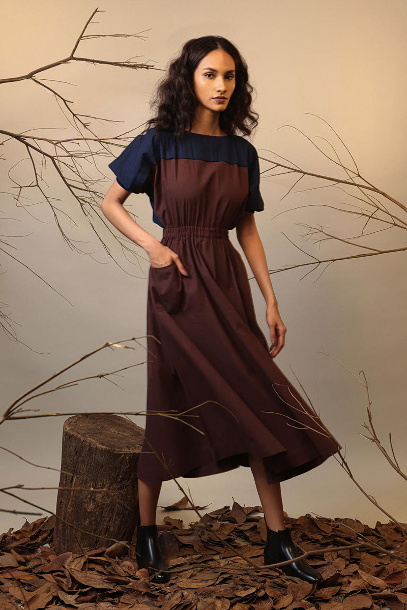 CB Brown & Blue Sphara Dress 100% cotton by Mati in brown color for women in Singapore