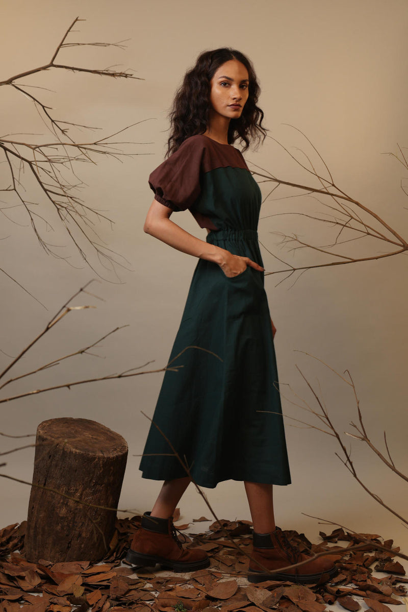 CB Green & Brown Sphara Dress 100% cotton by Mati in green color for women in Singapore
