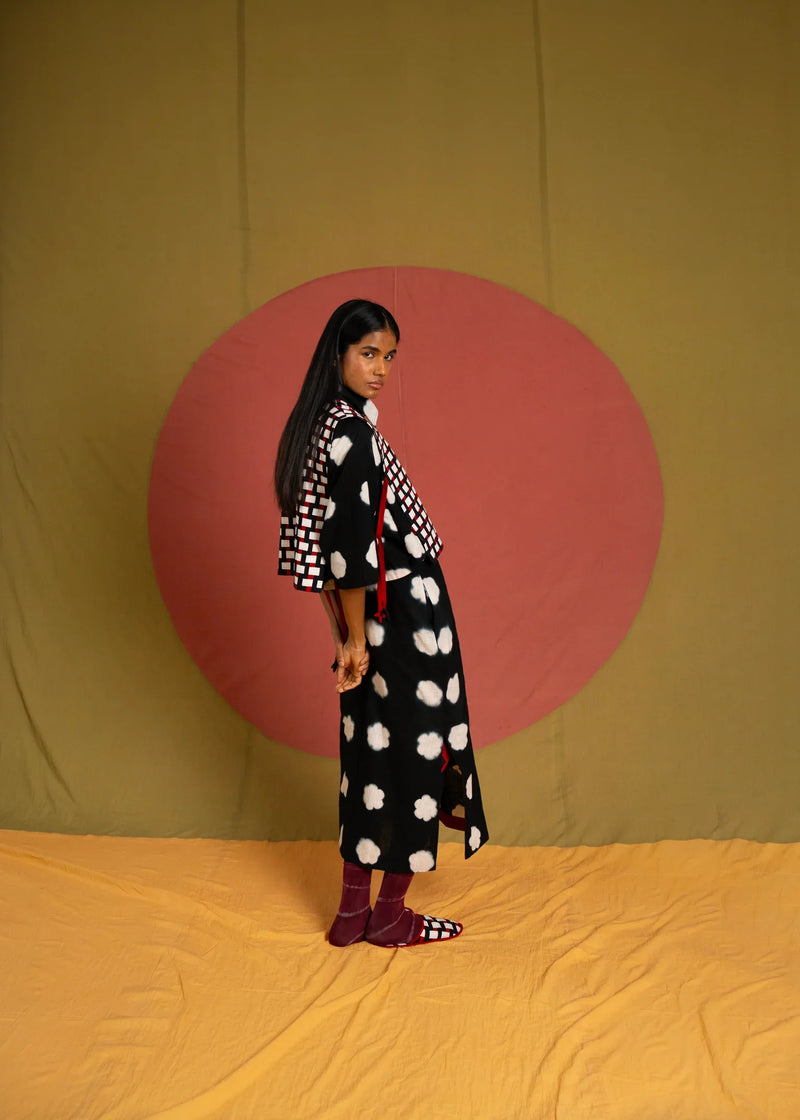 CD Seedha Skirt-White and Black kora cotton skirt by Ka-Sha in black for women in Singapore