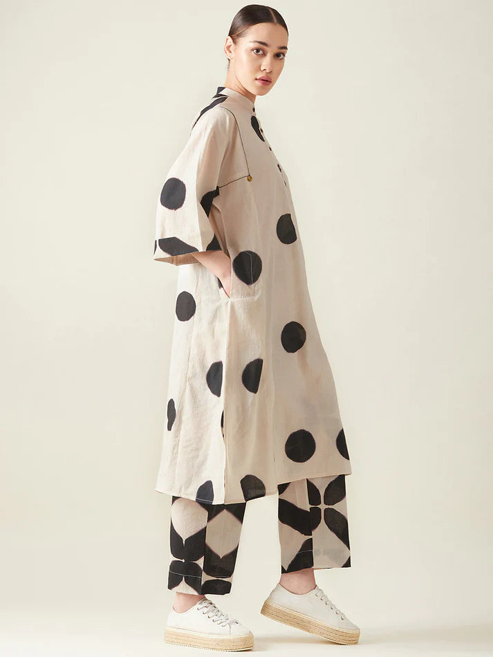 Polka Kurta Set - Off White And Black by Aavidi in white color for women in Singapore