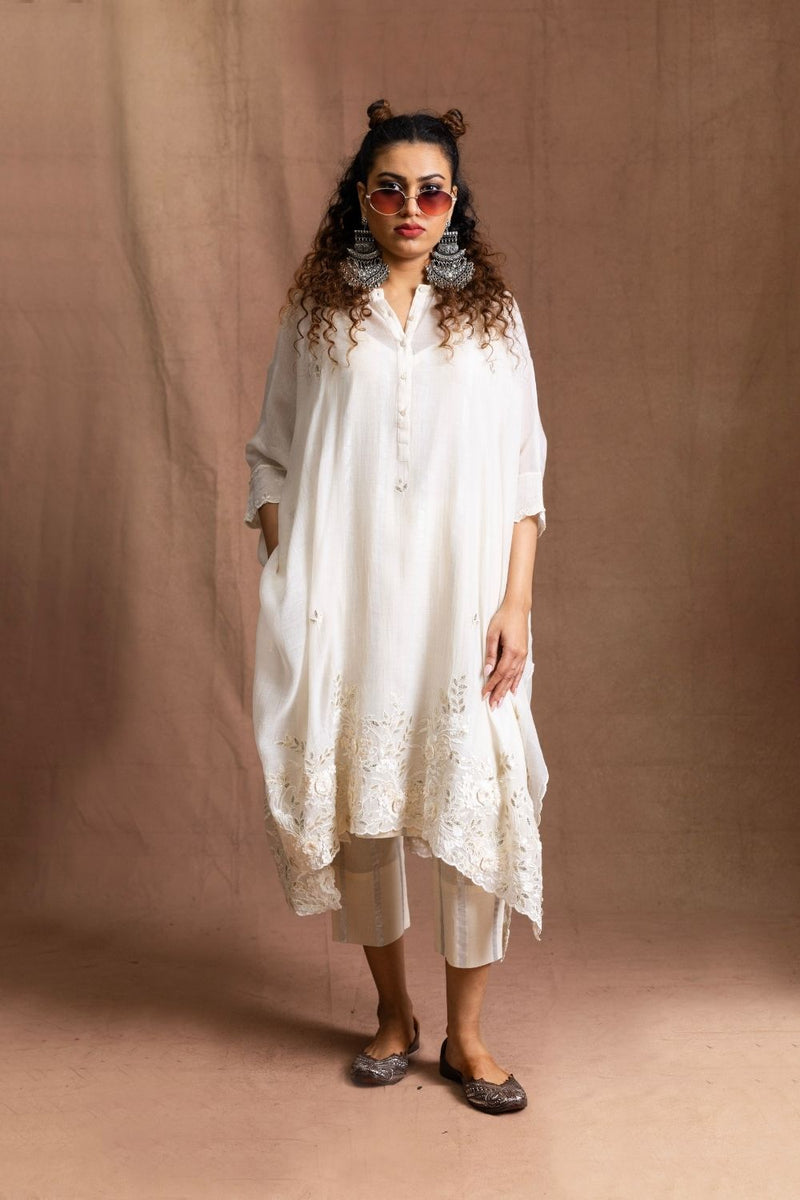 Chanderi Gota Patti Set-Off White Pure Chanderi Silk Kurta Set Sabo by Sabina — Canvas & Weaves Singapore