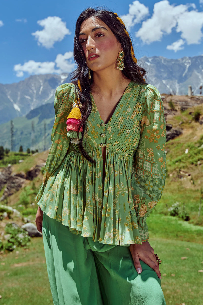 Charis Peplum Set crepe by Paulmi & Harsh-kahan Sep'26 in green for women in Singapore