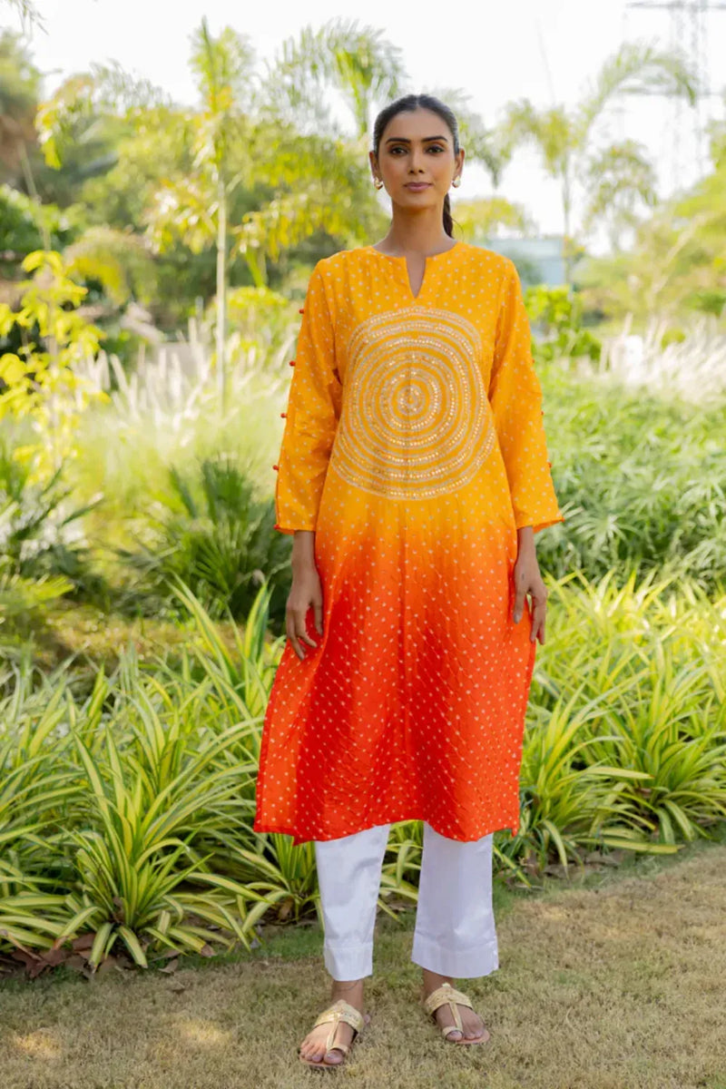 CIR SEQ KURTA-YELLOW ORANGE SHADED silk by Dyelogue in multi color for women in Singapore