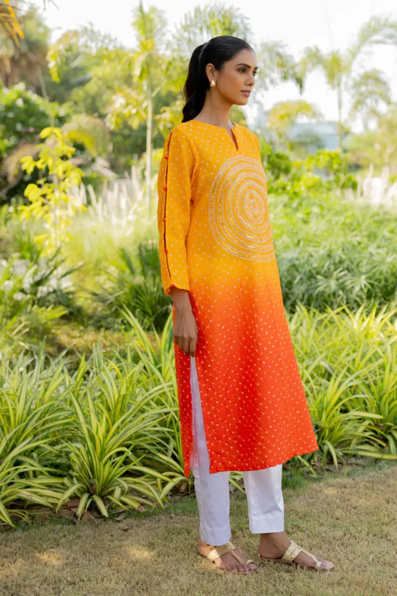 CIR SEQ KURTA-YELLOW ORANGE SHADED silk by Dyelogue in multi color for women in Singapore