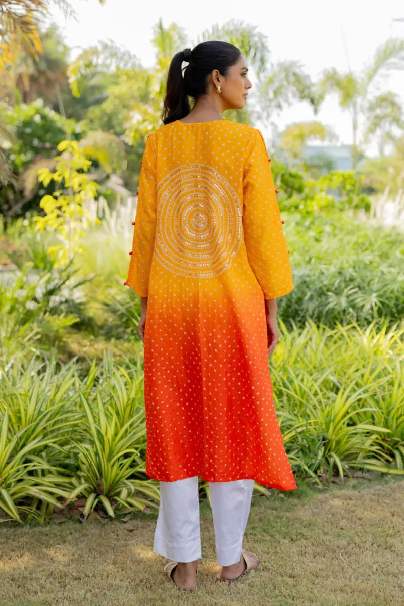 CIR SEQ KURTA-YELLOW ORANGE SHADED silk by Dyelogue in multi color for women in Singapore