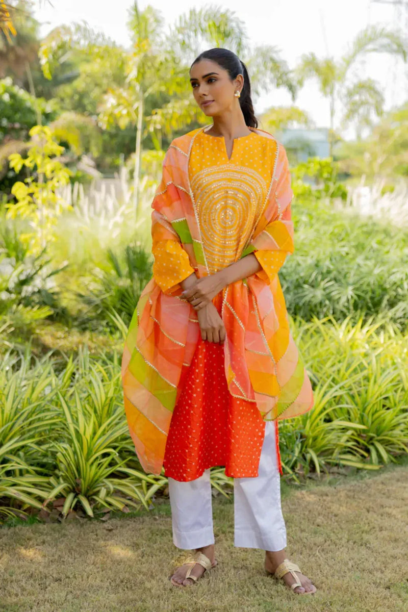 CIR SEQ KURTA-YELLOW ORANGE SHADED silk by Dyelogue in multi color for women in Singapore