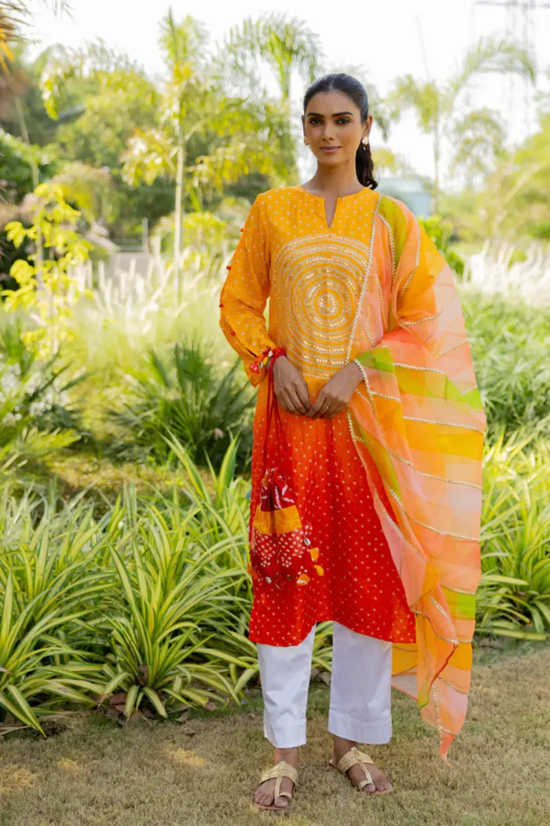 CIR SEQ KURTA-YELLOW ORANGE SHADED silk by Dyelogue in multi color for women in Singapore