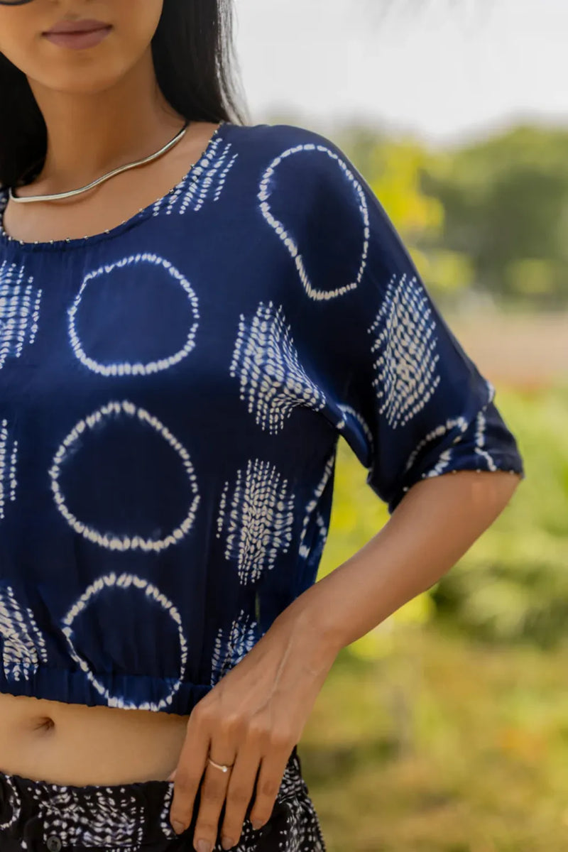 CIR SHIB CROP TOP-BLUE silk by Dyelogue in blue color for women in Singapore