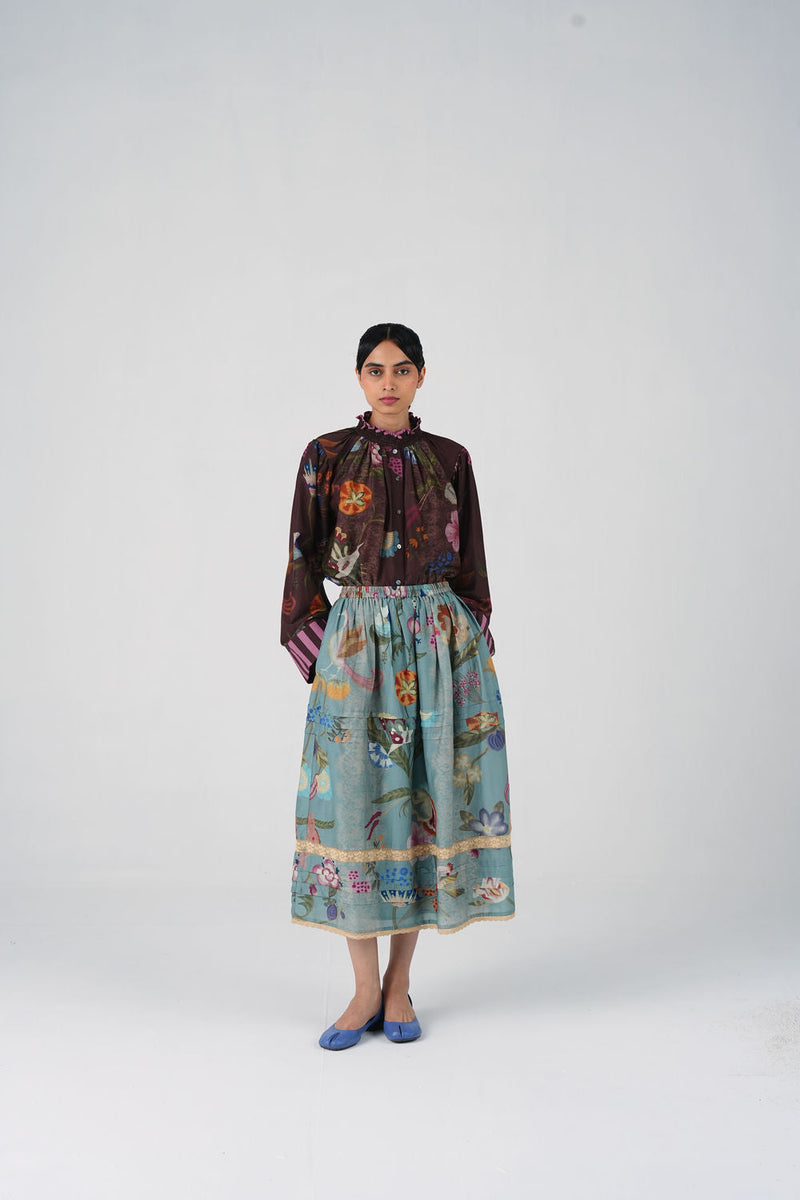 Emily Skirt-Blue Floret cotton silk skirt by CORD in multi-color for women in Singapore