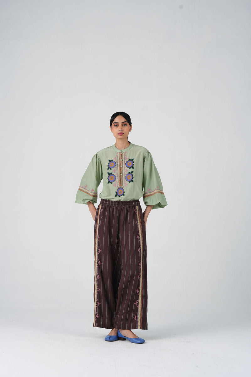 Pareo Pants-Brown Stripe With Dori linen pant/trouser by CORD in multi-color for women in Singapore