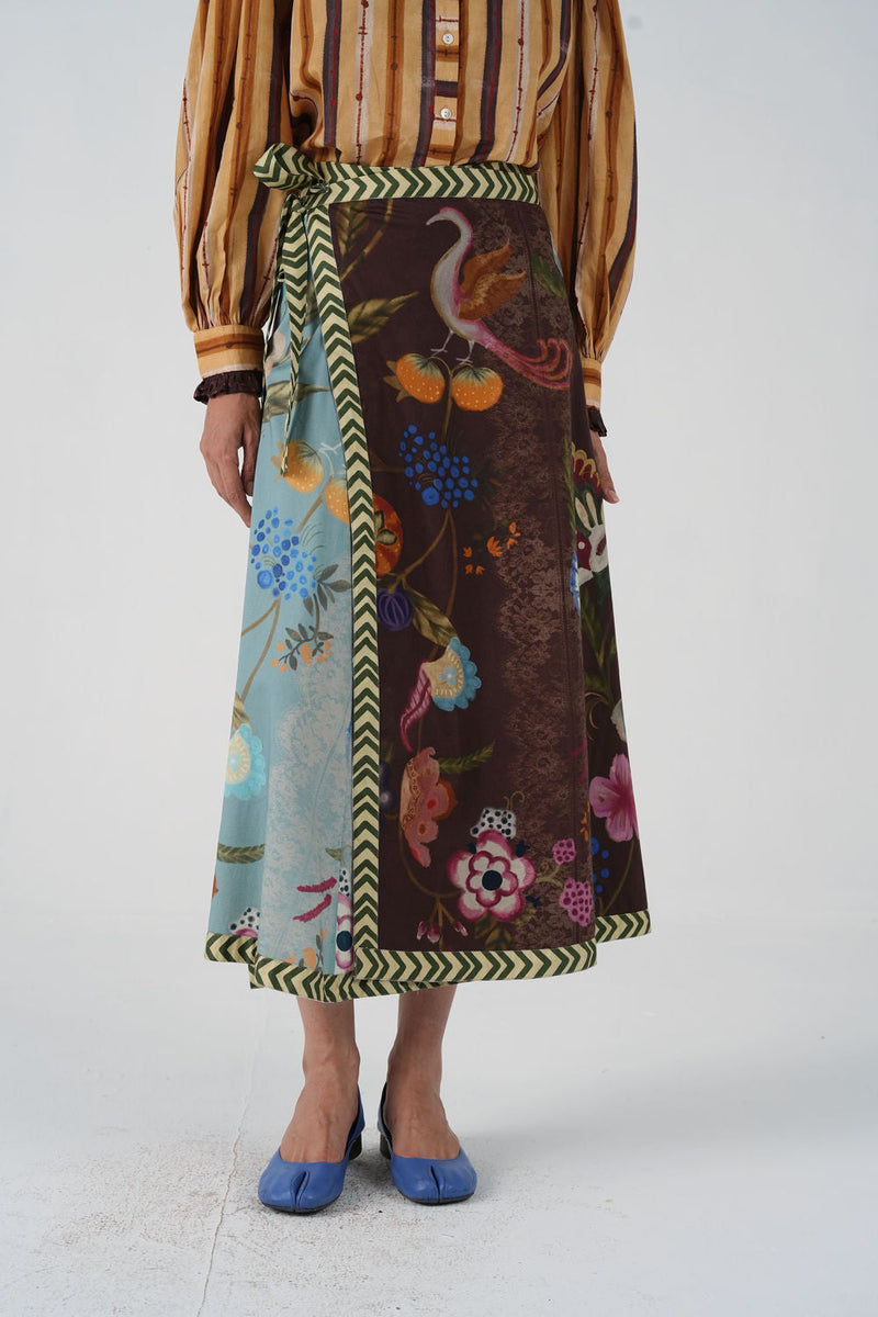 Wrap Skirt-Floret cotton satin skirt by CORD in multi-color for women in Singapore