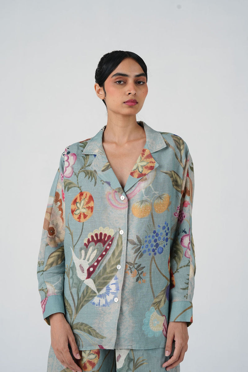 Lounge Shirt-Blue Floret linen top/shirt by CORD in multi-color for women in Singapore