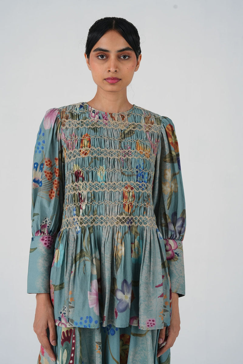 Gaia Top-Blue Floret cotton silk top and shirts by CORD in multi-color for women in Singapore