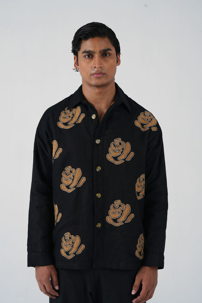 Tram Jacket-Rose Bloom Black linen jacket by CORD MEN in multi-color for men in Singapore