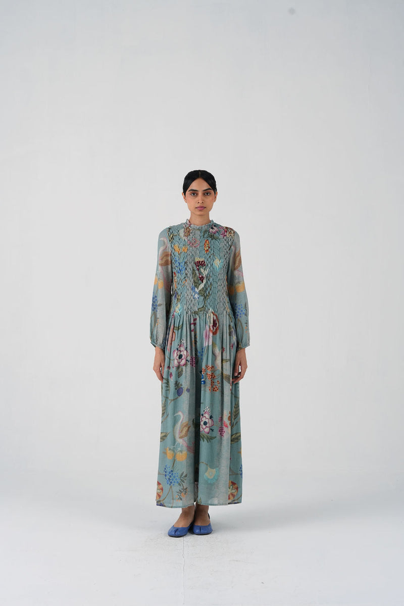 June Dress-Blue Floret cotton dress by CORD in multi-color for women in Singapore