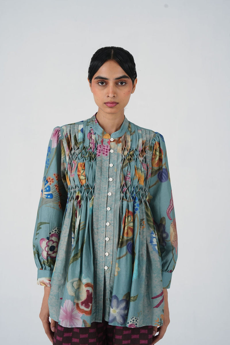 Leni Top-Blue Floret cotton silk top and shirts by CORD in multi-color for women in Singapore