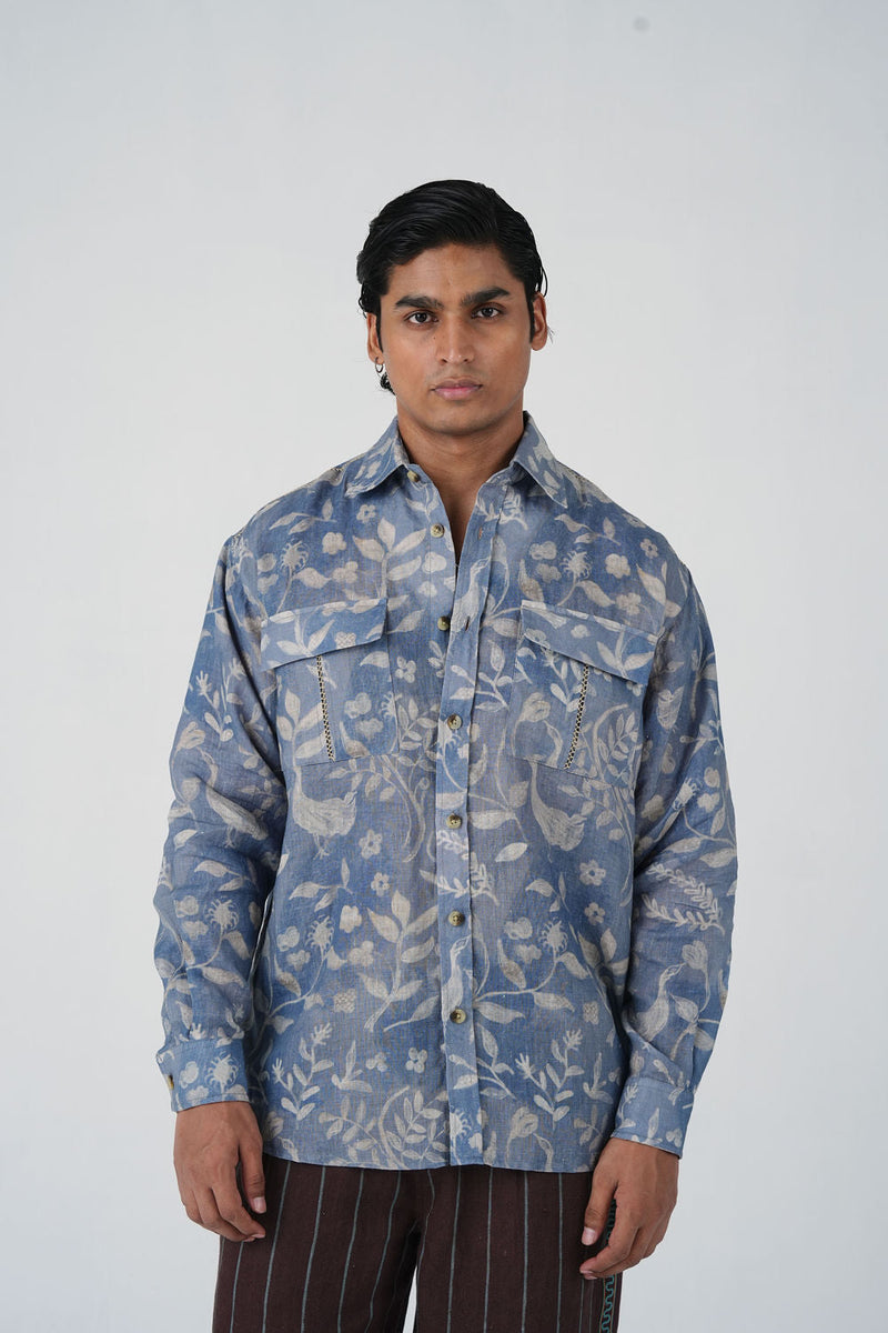 Hop Shirt-Crumpled Wallpaper linen shirt by CORD MEN in multi-color for men in Singapore