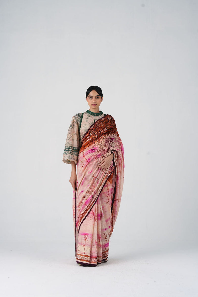 Smocked Saree-Sai cotton saree by CORD in multi-color for women in Singapore