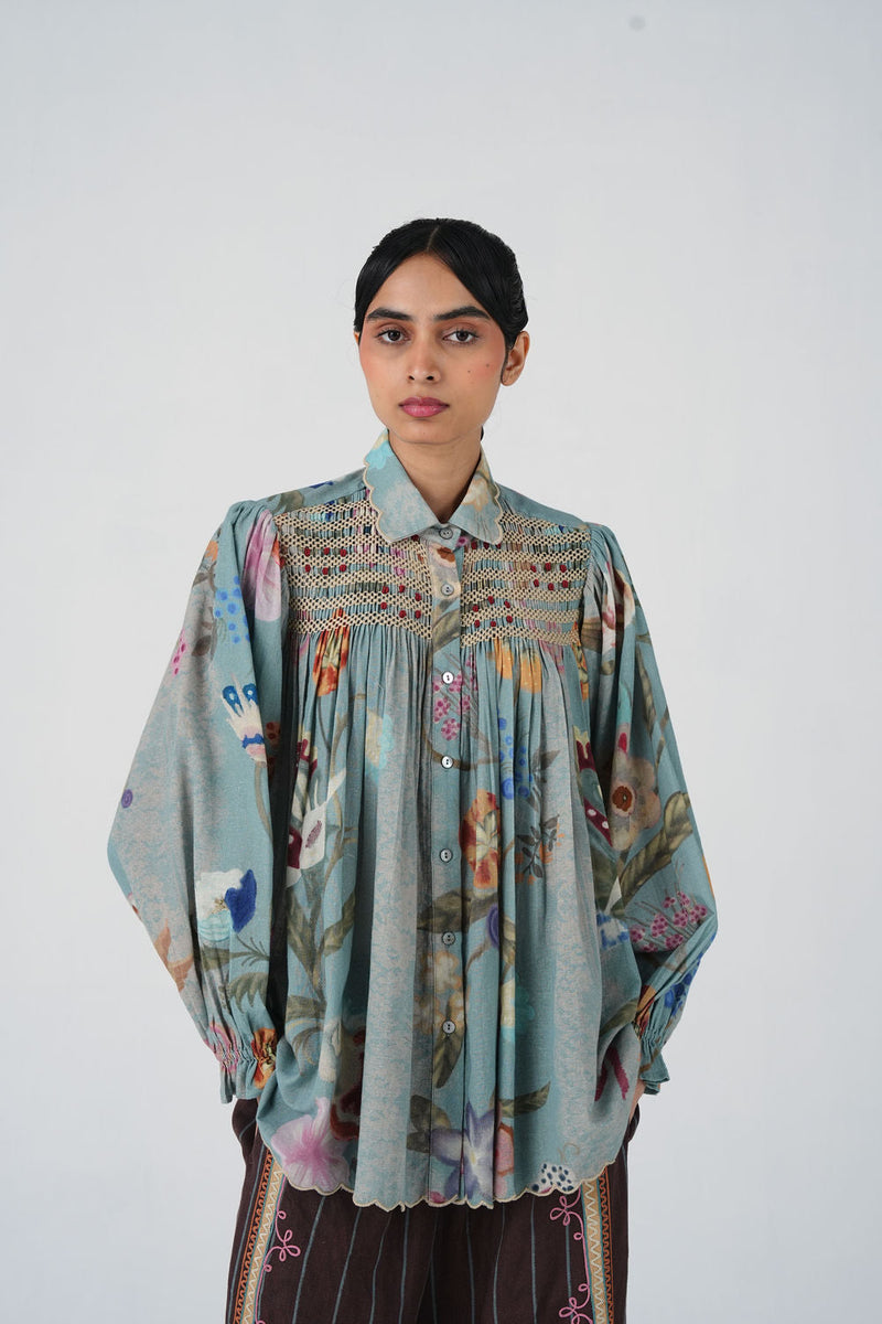 Judy Shirt-Blue Floret cotton top/shirt by CORD in multi-color for women in Singapore