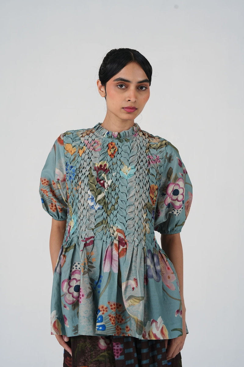 Amelia Top-Blue Floret cotton top and shirts by CORD in multi-color for women in Singapore