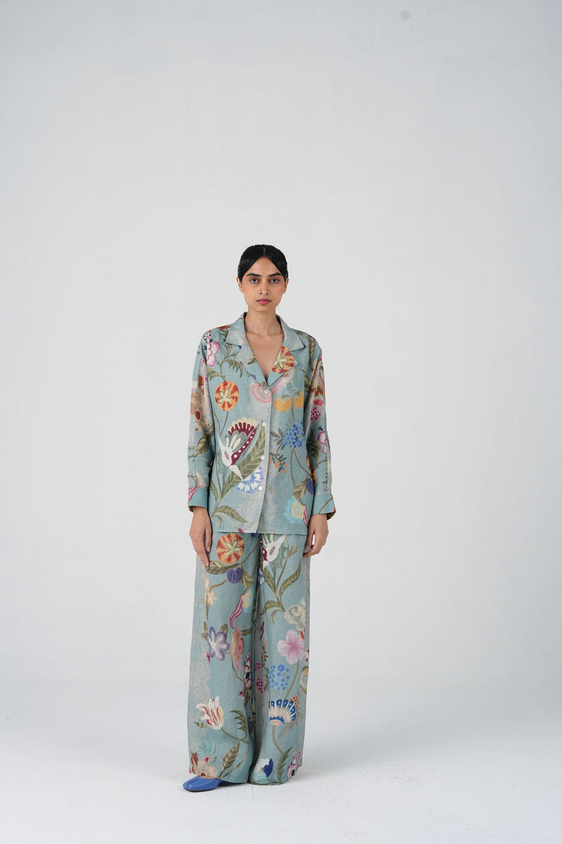 Lounge Set-Blue Floret linen co-ord set by CORD in multi-color for women in Singapore