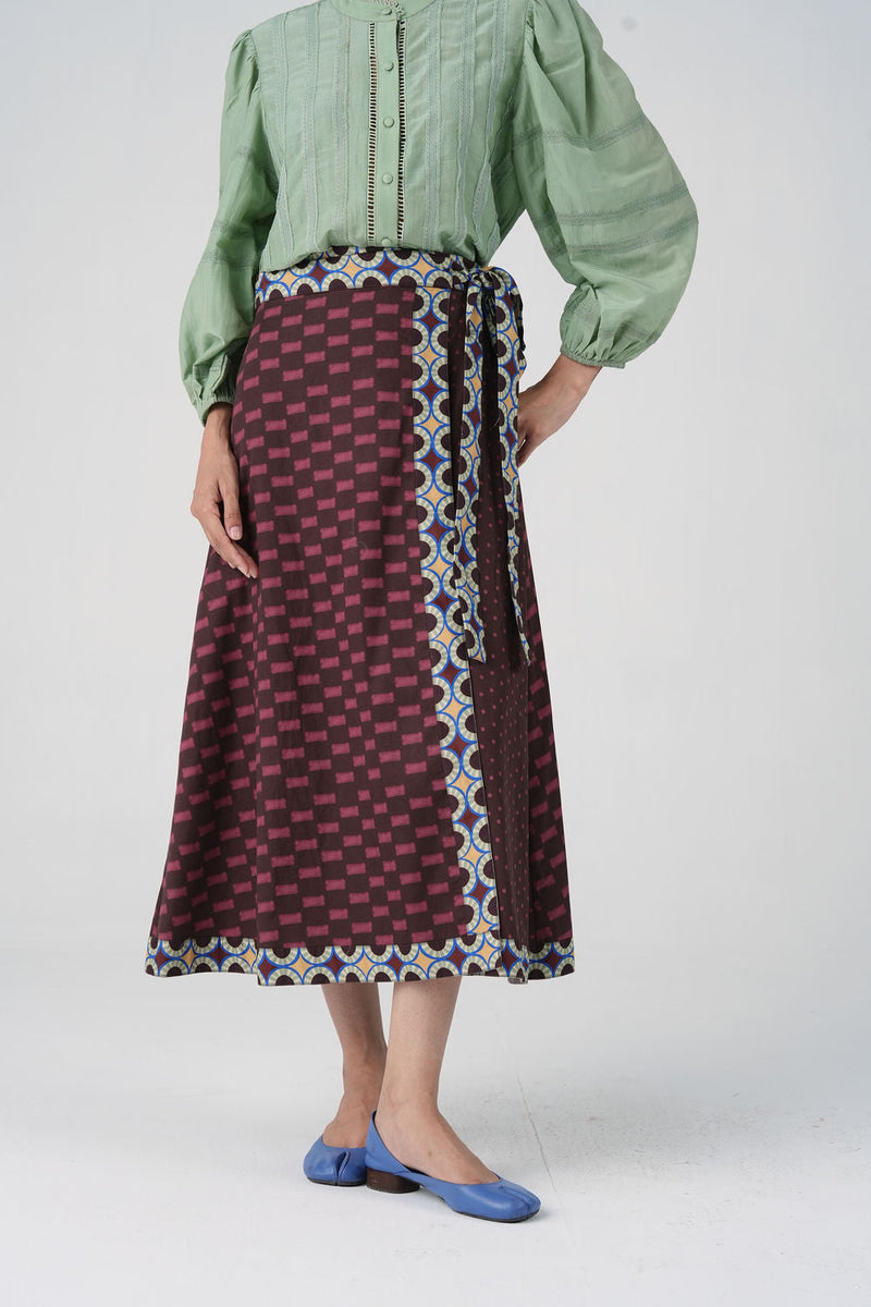 Wrap Skirt-Brown Checks cotton satin skirt by CORD in multi-color for women in Singapore