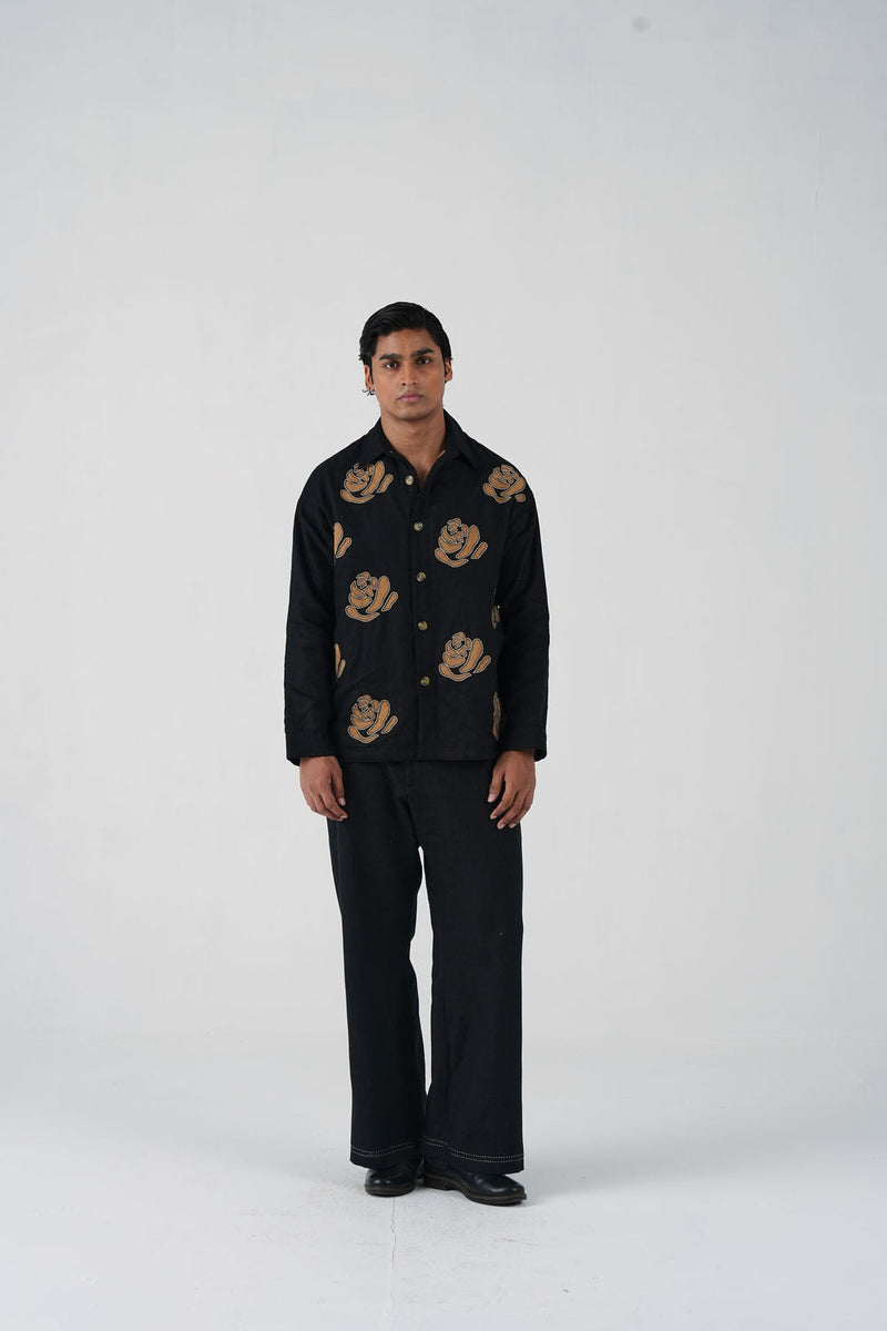 Tram Set-Rose Bloom Black linen co-ord set by CORD MEN in multi-color for men in Singapore
