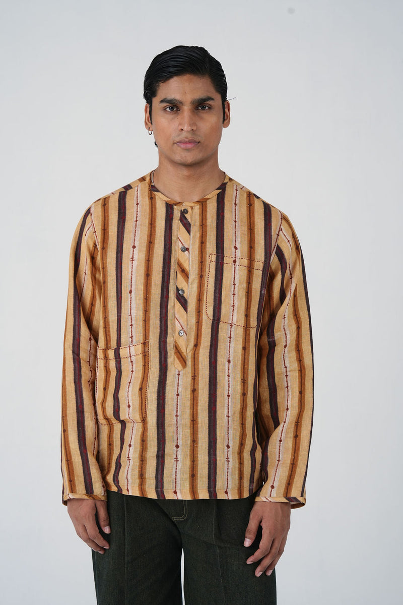 Zen Collarless Shirt-70'S Striper linen shirt by CORD MEN in multi-color for men in Singapore