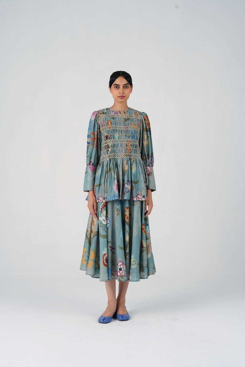 Gaia Set-Blue Floret cotton silk co-ord set by CORD in multi-color for women in Singapore