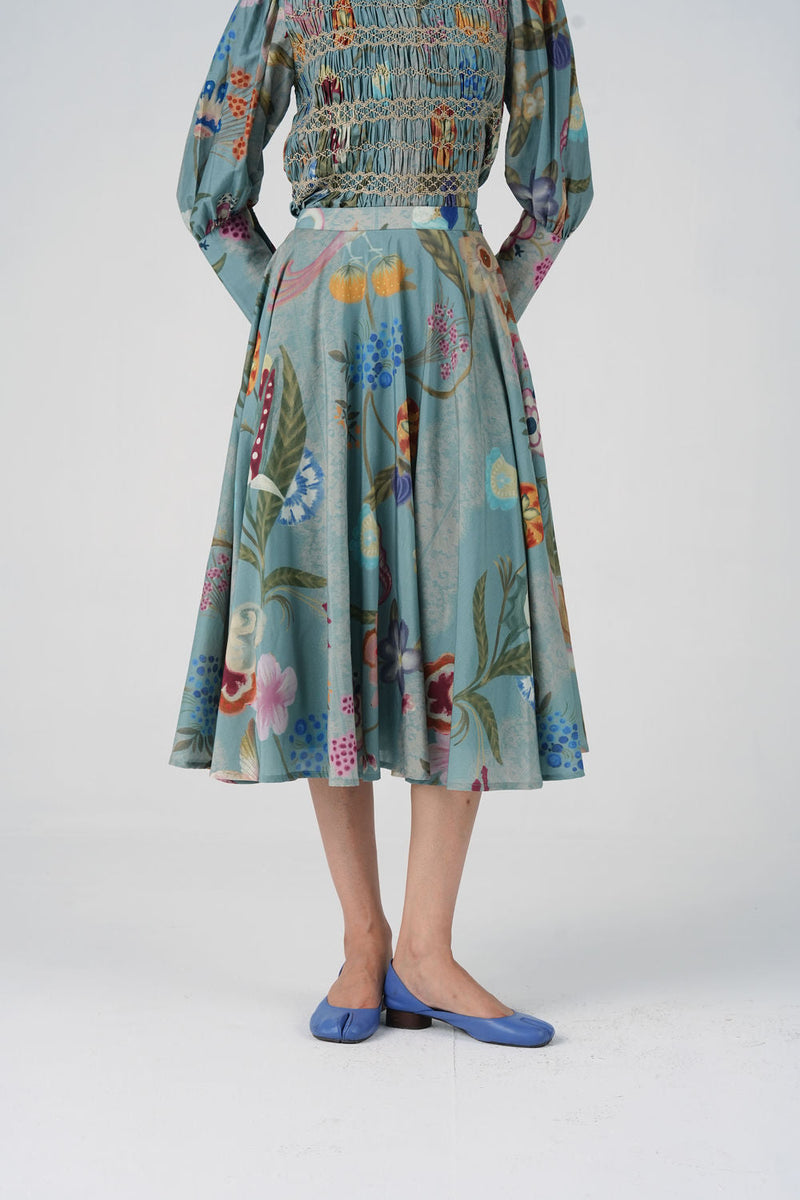 Bias Skirt-Blue Floret cotton silk skirt by CORD in multi-color for women in Singapore