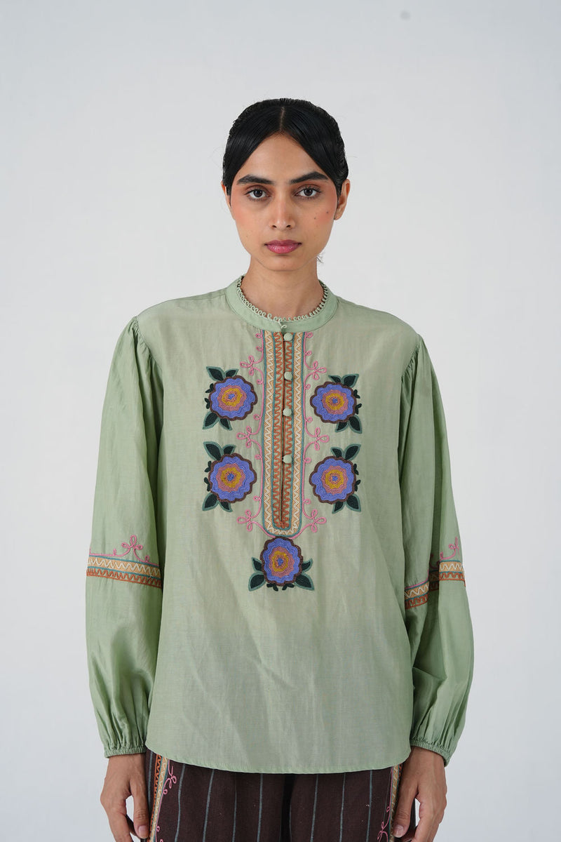 Jane Top-Blue Marigold cotton silk top and shirts by CORD in multi-color for women in Singapore