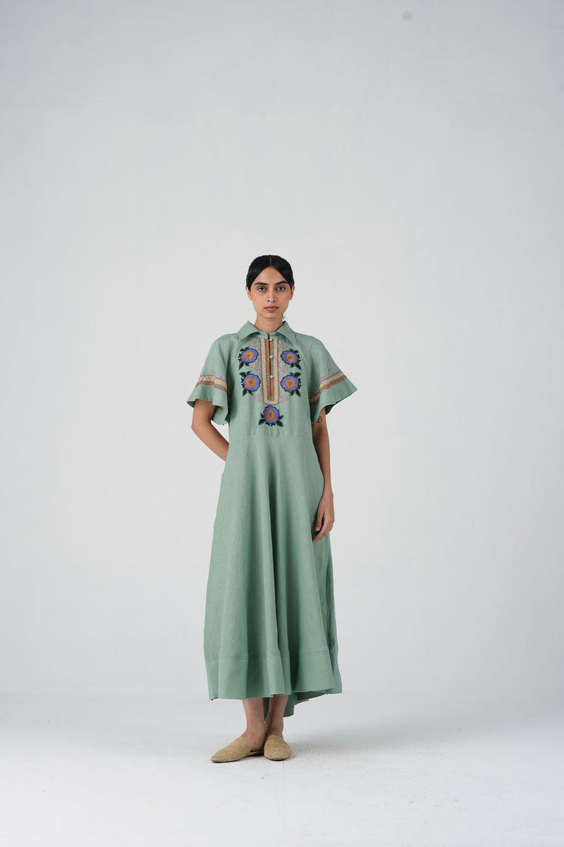 Maya Dress-Blue Marigold linen dress by CORD in multi-color for women in Singapore