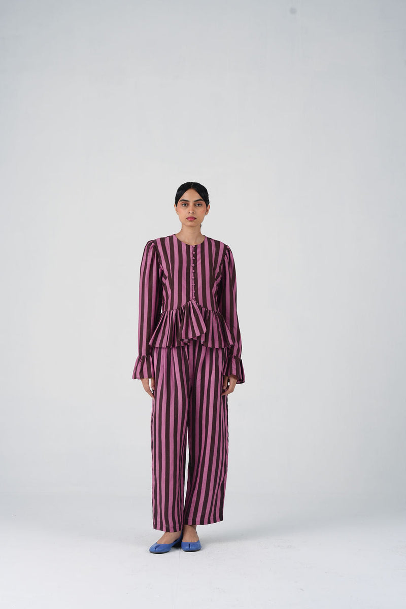 Jae Set-Brown And Pink Stripe cotton silk, linen co-ord set by CORD in multi-color for women in Singapore