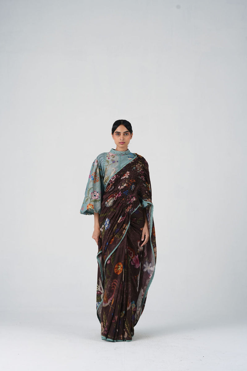 Beth Top-Blue Floret cotton silk top and shirts by CORD in multi-color for women in Singapore