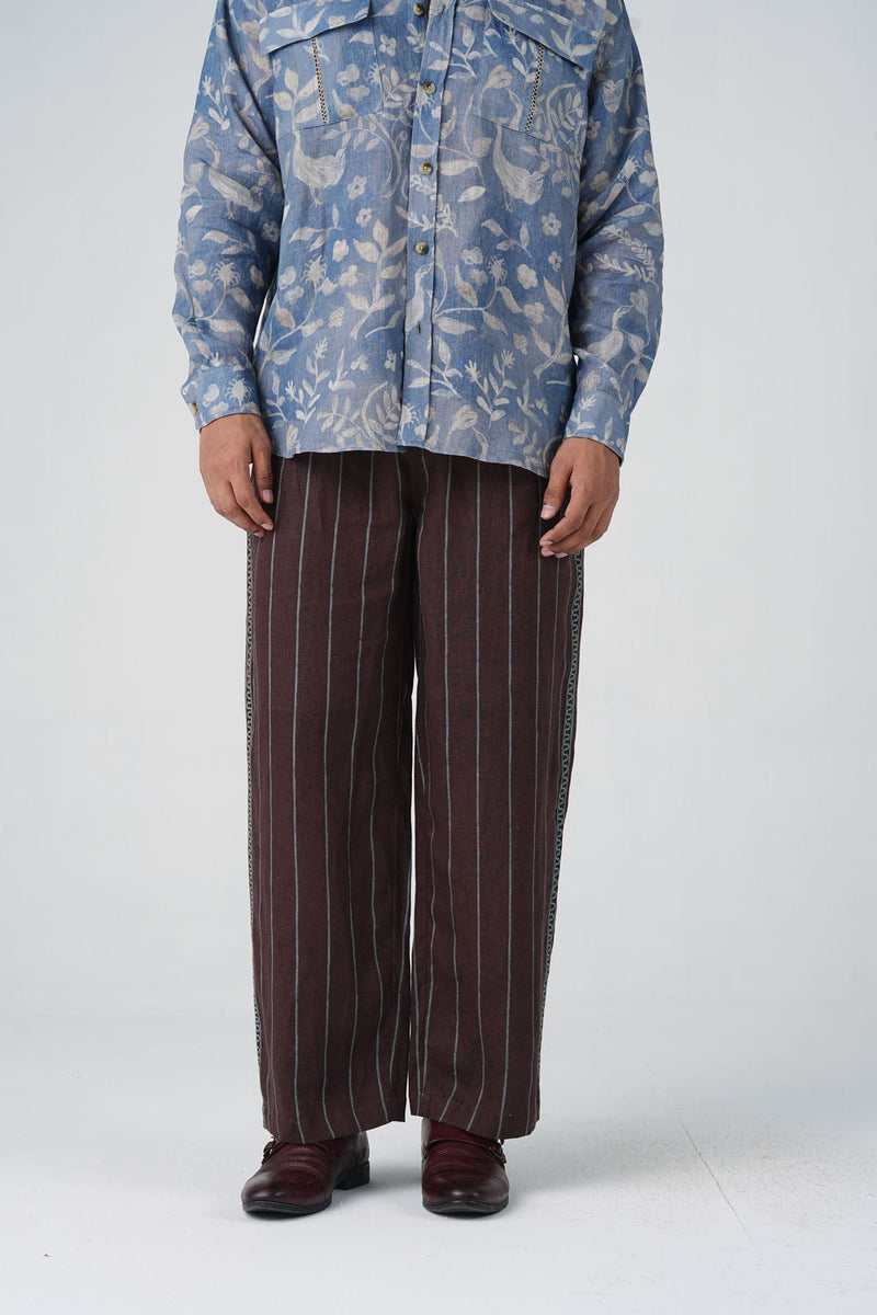 Double Pleat Pants-Maroon Striper linen pant/trouser by CORD MEN in multi-color for men in Singapore